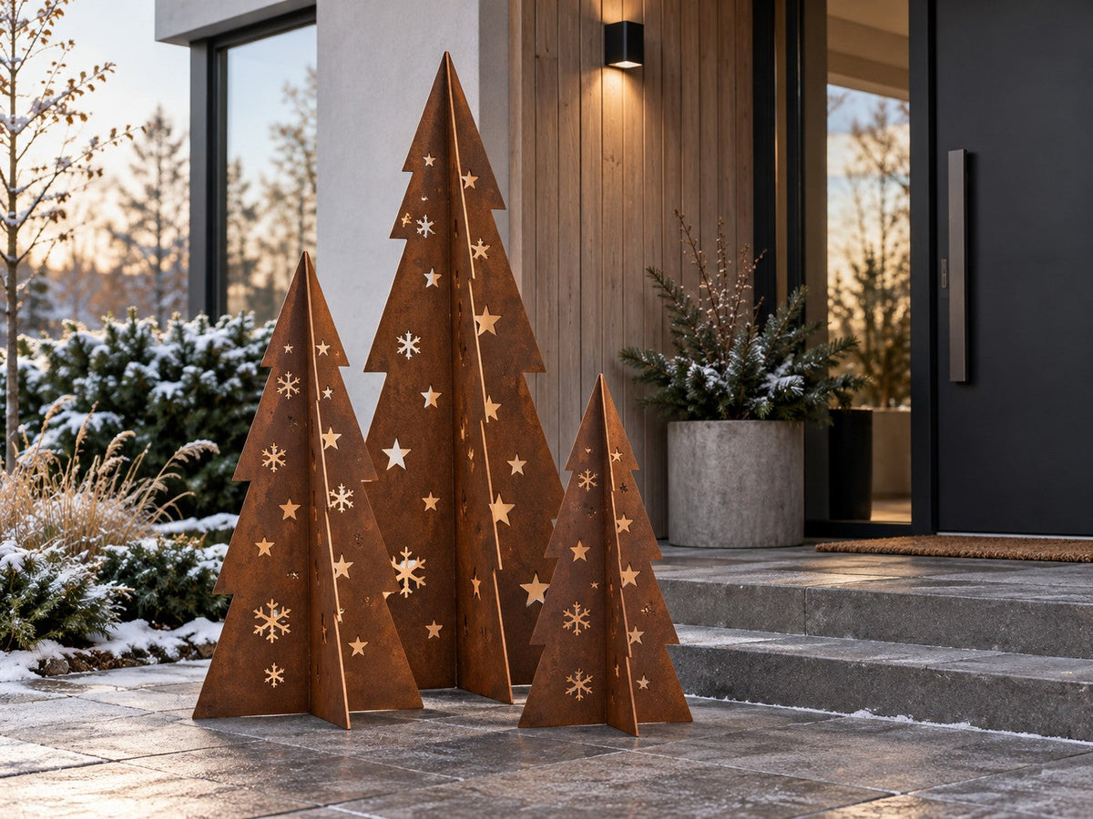 Weihnachtsbaum aus Cortenstahl – mit Sternen und Schneeflocken (80 / 120 / 180 cm)