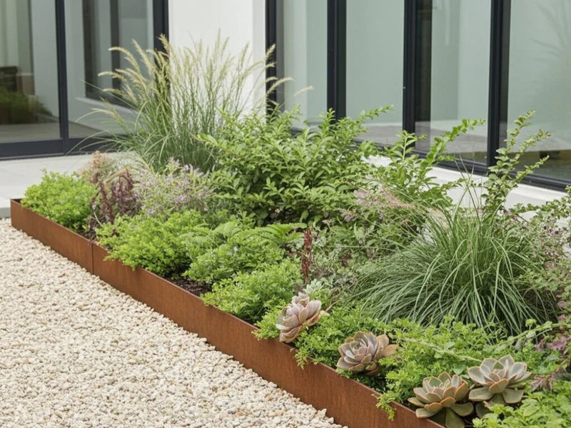 Beeteinfassung aus Cortenstahl mit Stauden und Ziergräsern im Blumenbeet