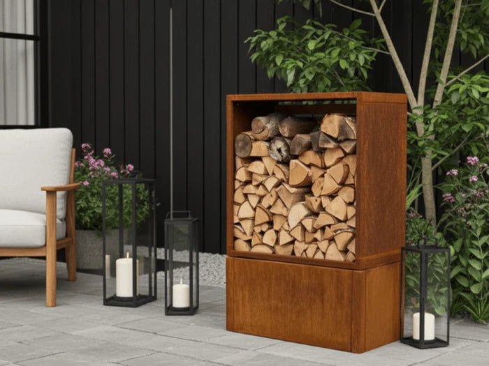 Modernes Brennholzlager aus Cortenstahl mit Sockel für Terrasse und Garten