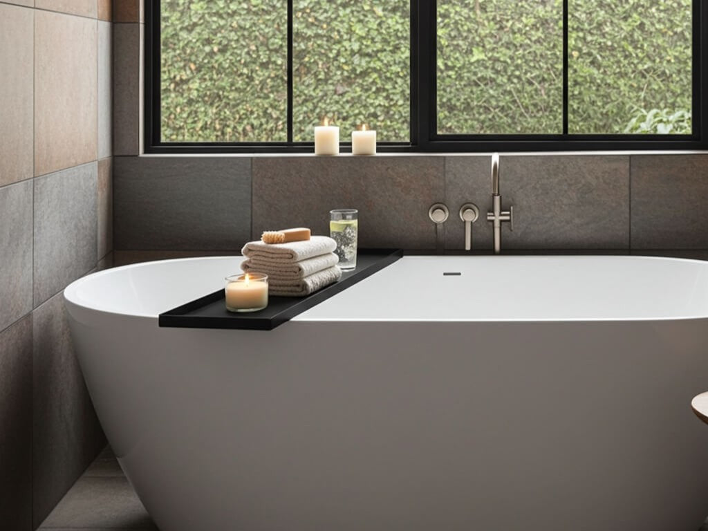 Badewannenablage aus schwarz lackiertem Stahl quer über Badewanne mit Buch und Kerzen im Spa-Badezimmer