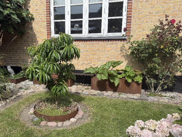 Mehrere runde Beetringe aus Cortenstahl im Garten – flexible und langlebige Beeteinfassung