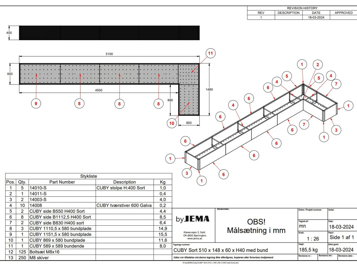 Technische Zeichnung eines L-förmigen byJEMA CUBY Hochbeets aus schwarz pulverbeschichtetem Stahl nach Sondermaß