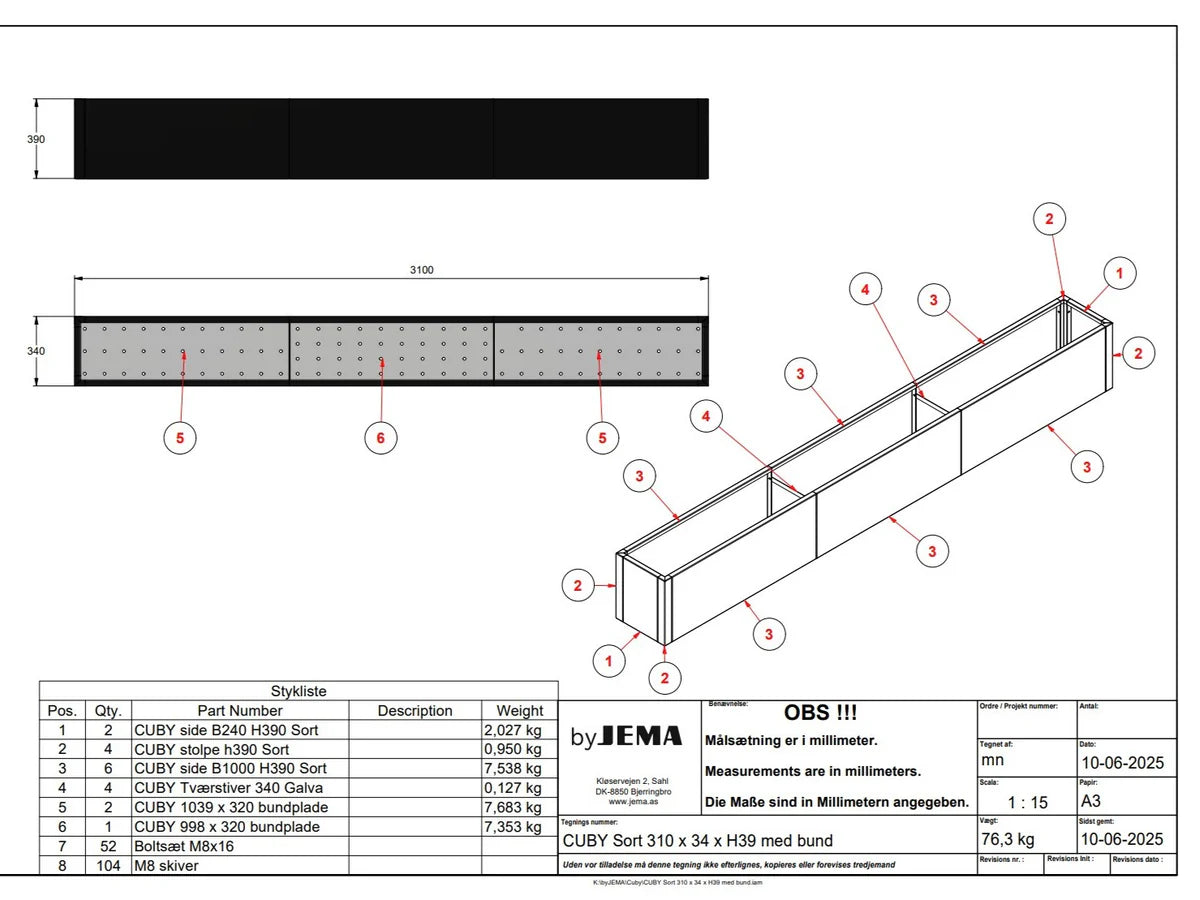 Technische Konstruktion eines byJEMA CUBY Pflanzkübels aus schwarz pulverbeschichtetem Stahl nach Sondermaß