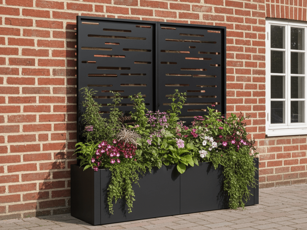 Schwarz lackierter Stahl-Pflanzkübel mit Spalier, aufgestellt an einer Ziegelfassade mit Bepflanzung.