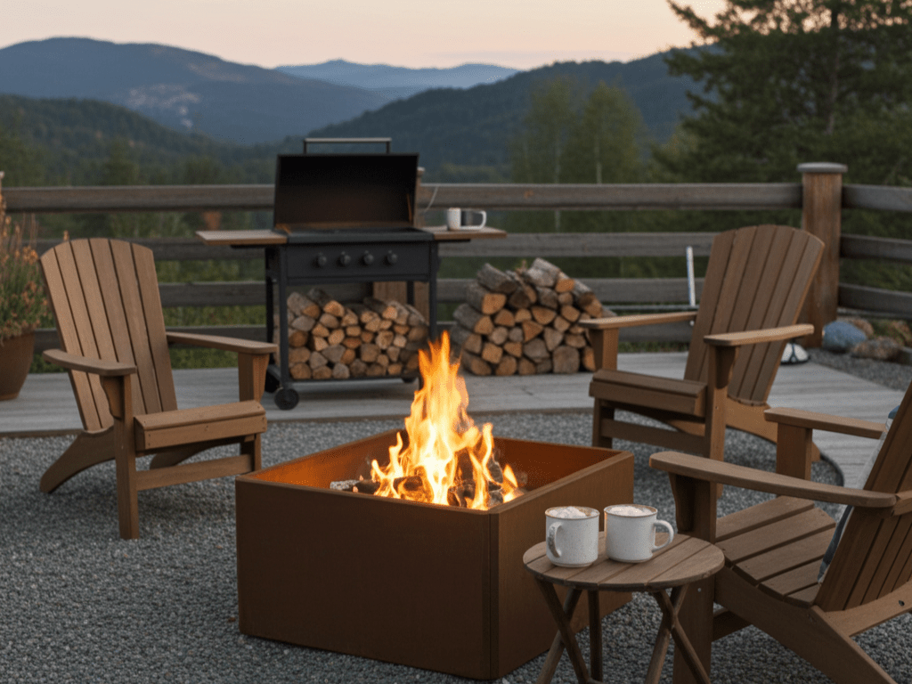 Quadratische Feuerstelle aus Cortenstahl auf Terrasse, umgeben von Holzsesseln, mit offenem Feuer und Blick auf Berge im Hintergrund