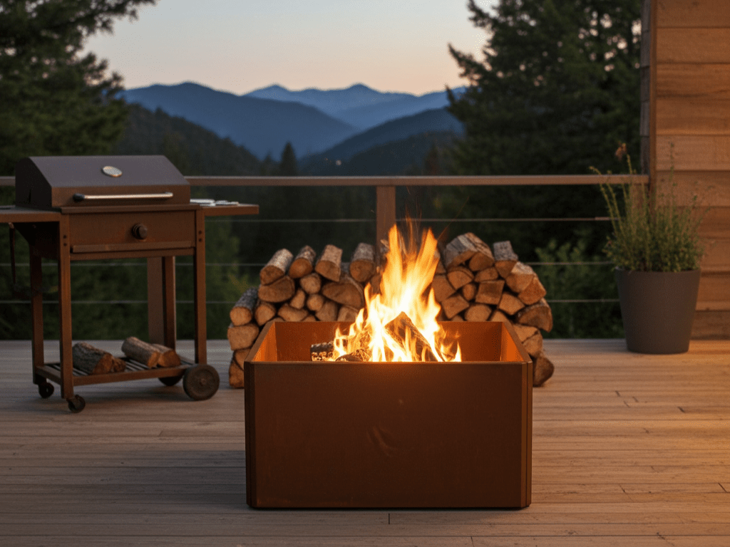 Quadratische Feuerstelle aus Cortenstahl auf Holzterrasse mit offenem Feuer, gestapeltem Brennholz und Grill, Berglandschaft im Hintergrund