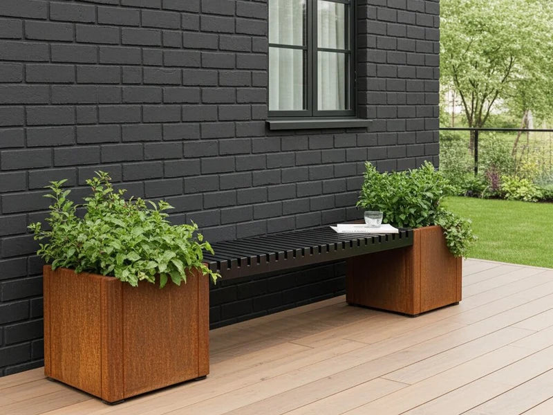 CUBY Bankset aus Cortenstahl mit Bank zwischen Pflanzkästen