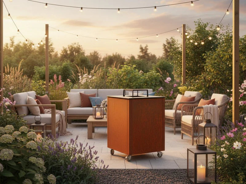 CUBY Feuergrill aus Cortenstahl im gemütlichen Garten-Loungebereich mit Lichterketten