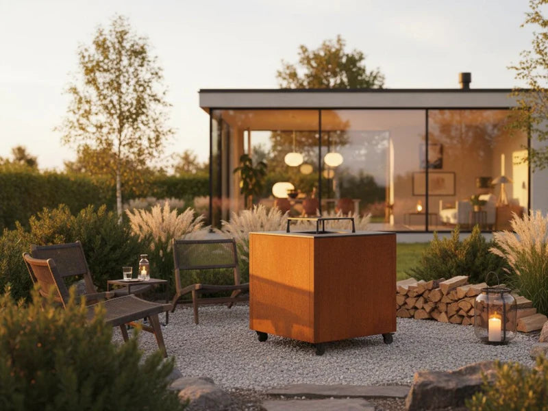 CUBY Feuergrill aus Cortenstahl vor modernem Haus mit großen Fenstern und Abendlicht