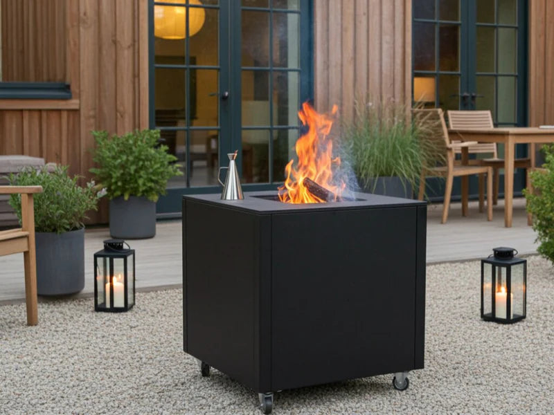 CUBY Feuergrill aus schwarz lackiertem Stahl mit starken Flammen vor modernem Holzhau