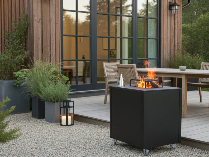 CUBY Feuergrill aus schwarz lackiertem Stahl auf Terrasse mit Laternen und stimmungsvoller Beleuchtung