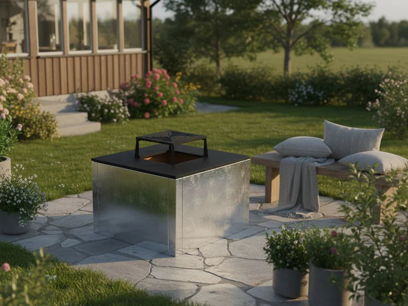 CUBY Feuergrill aus verzinktem Stahl im ruhigen Garten mit Loungebereich