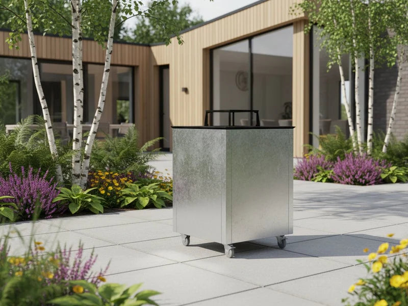 CUBY Feuergrill aus verzinktem Stahl auf Terrasse bei moderner Architektur