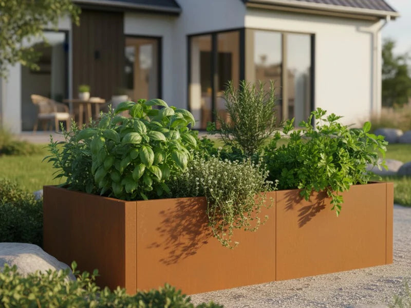 CUBY Hochbeet aus Cortenstahl mit Gemüse im Garten