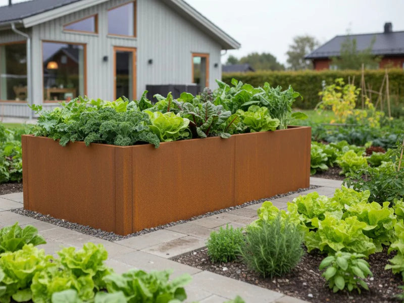 CUBY Hochbeet aus Cortenstahl mit Kräutern auf der Terrasse
