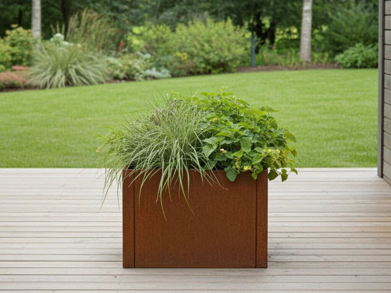 CUBY Pflanzkasten aus Cortenstahl mit Gräsern auf Terrasse