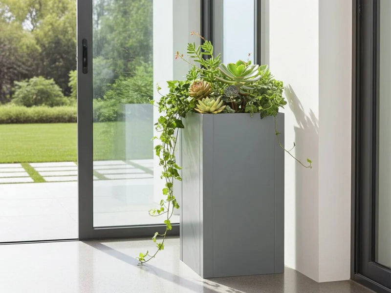 CUBY Pflanzkübel aus verzinktem Stahl mit grünen Pflanzen am Glasfenster