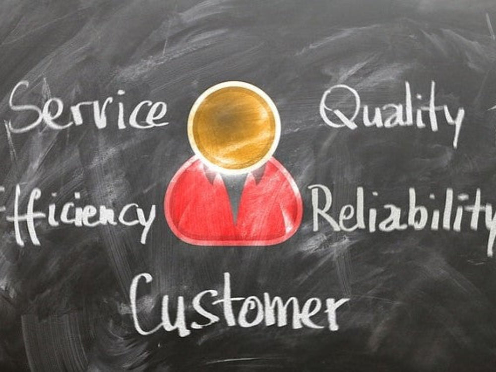 Illustration of customer service with words like quality, reliability, service, and efficiency on a chalkboard