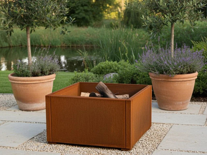 Feuerschale aus Cortenstahl auf der Terrasse