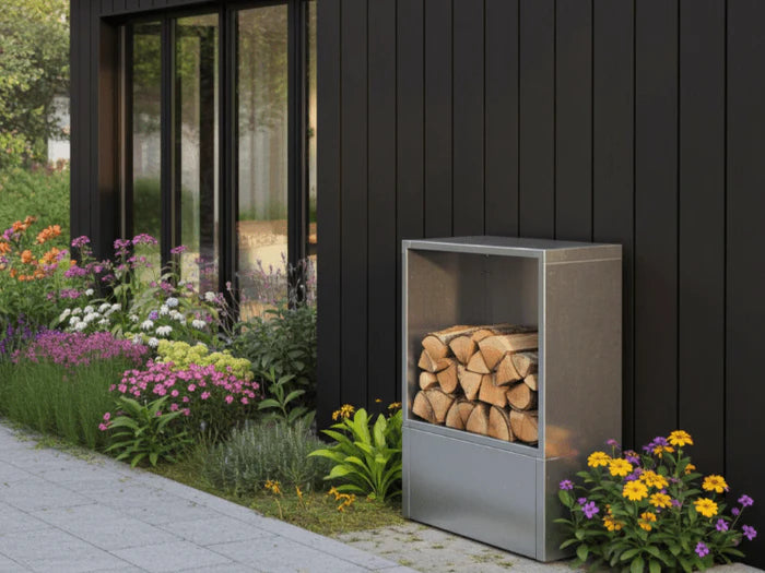 Holzlager aus verzinktem Stahl mit Kaminholz, platziert im Garten neben Blumenbeet