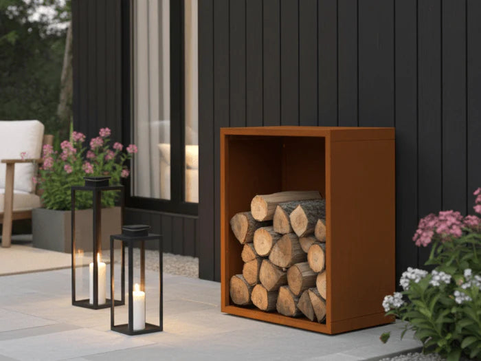 Stilvolles Kaminholzregal aus Cortenstahl auf moderner Terrasse