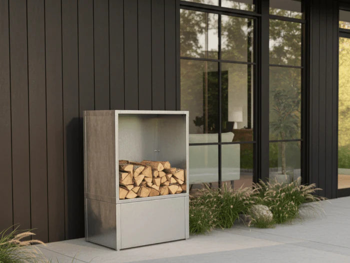 Kaminholzregal aus verzinktem Stahl an moderner Hausfassade mit gestapeltem Brennholz
