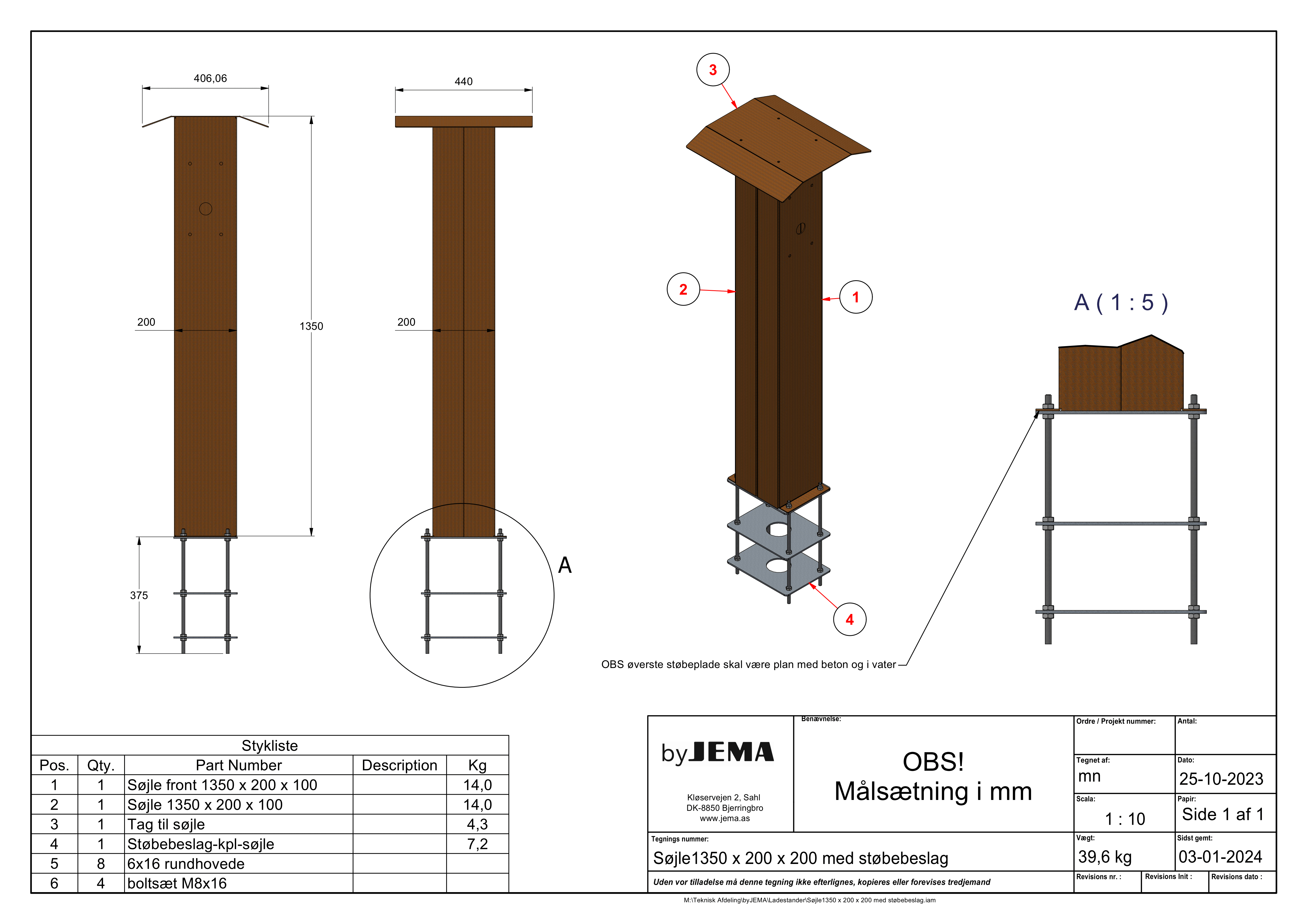 Technische Zeichnung einer Ladesäule mit Maßangaben und Fundamentdetails