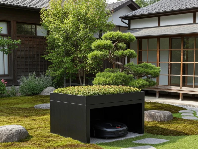 Mähroboter Garage aus schwarz lackiertem Stahl im minimalistischen Garten