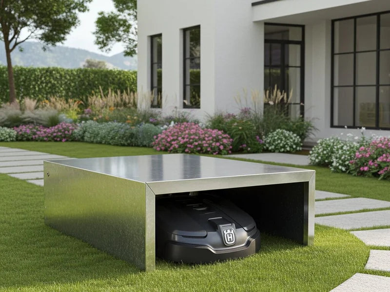 Stilvolle Mähroboter Garage aus verzinktem Stahl im modernen Garten