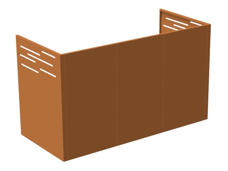 L-förmige Mülltonnenverkleidung aus Cortenstahl mit dekorativen Lüftungsschlitzen