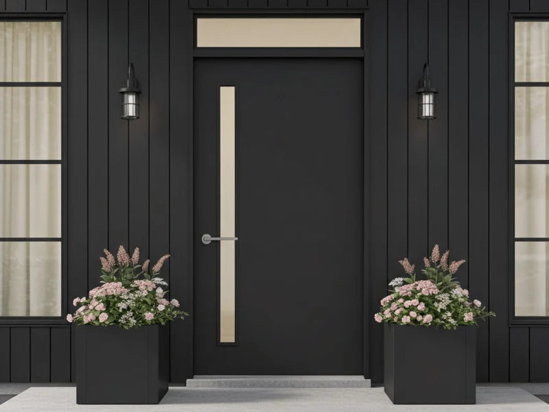 Pflanzkästen aus schwarzem Stahl mit Blumen symmetrisch am Hauseingang