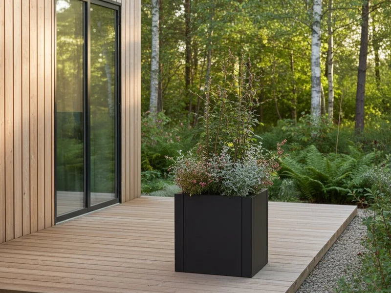 Quadratischer Pflanzkasten aus schwarzem Stahl mit Stauden auf Holzterrasse
