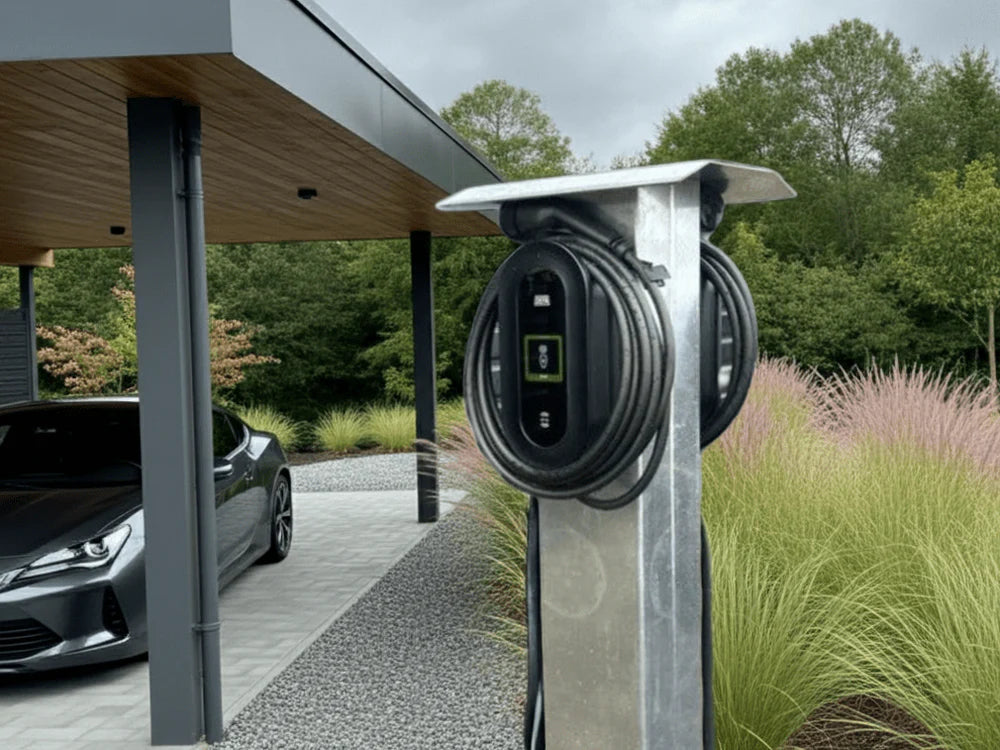 Detailansicht einer verzinkten Wallbox-Stehle mit Kabelhalterung