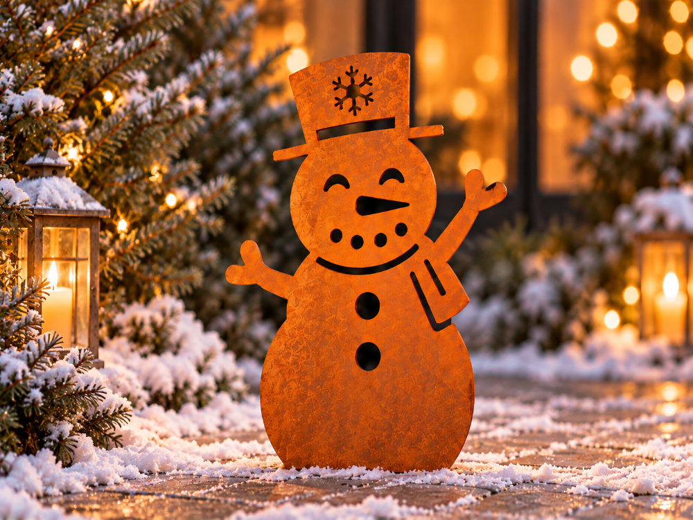 Schneemann aus Cortenstahl – Weihnachtsdekoration (35 / 50 / 80 cm)