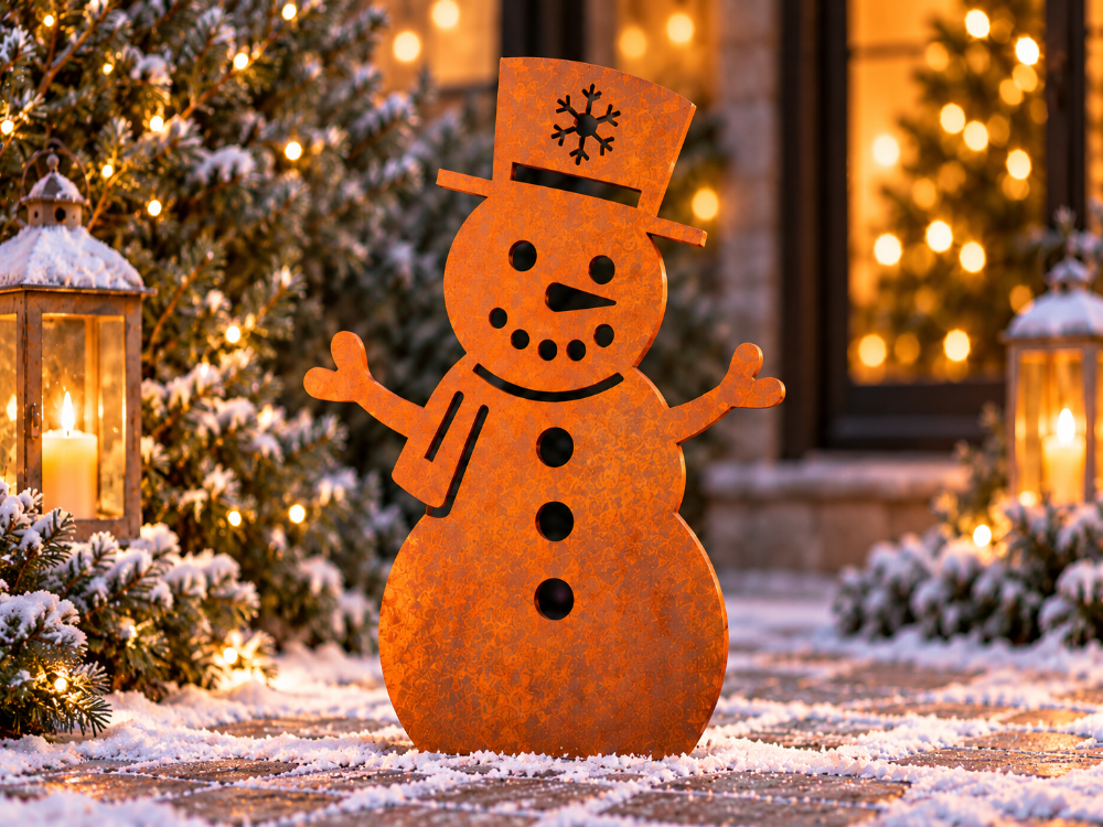 Schneemann aus Cortenstahl – Weihnachtsdekoration (35 / 50 / 80 cm)