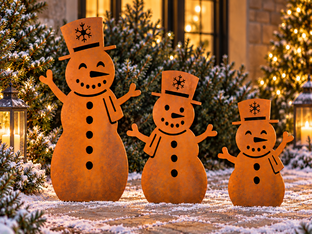 Schneemann aus Cortenstahl – Weihnachtsdekoration (35 / 50 / 80 cm)