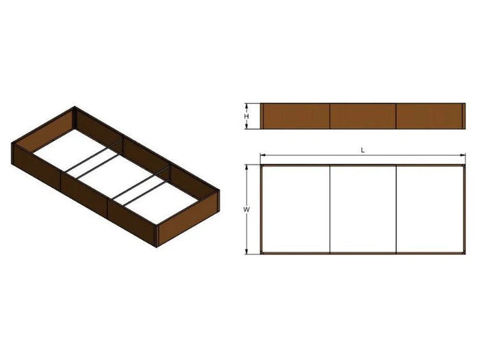 Maßskizze eines byJEMA CUBY Hochbeets aus Cortenstahl mit Länge, Breite und Höhe