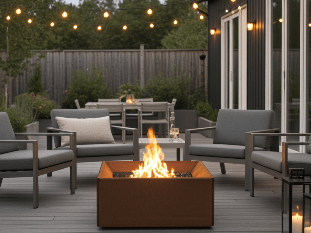 Rechteckige Feuerstelle aus Cortenstahl auf moderner Holzterrasse, umgeben von Loungemöbeln und Lichterkette im Garten