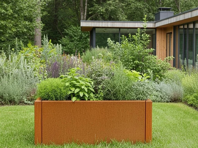 CUBY Pflanzkasten aus Cortenstahl mit grüner Bepflanzung vor modernem Haus