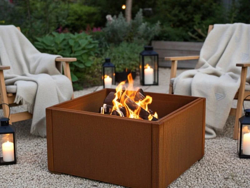 Feuerschale aus Cortenstahl im Loungebereich im Garten