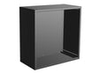 3D-Darstellung eines Holzmoduls aus schwarz lackiertem Stahl mit offener Front