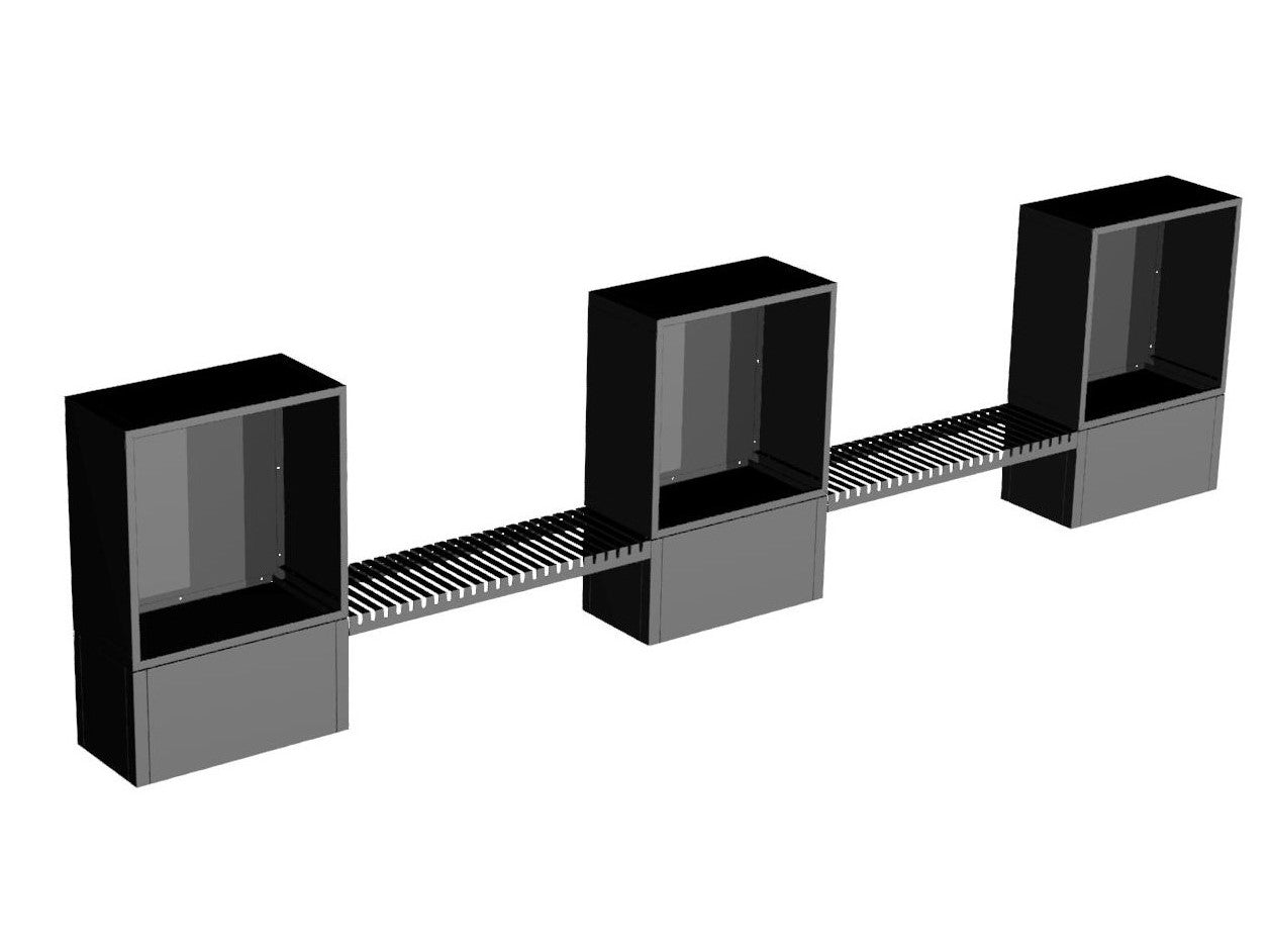 3D-Visualisierung eines modularen Kaminholzregals aus schwarz pulverbeschichtetem Stahl mit Verbindungselementen