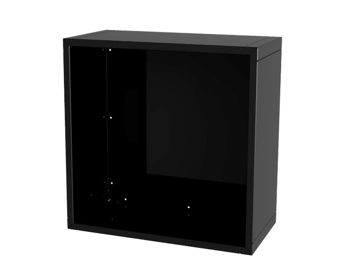 Frontansicht eines Kaminholzmoduls aus schwarz pulverbeschichtetem Stahl