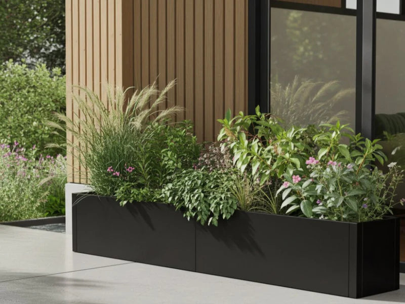 Pflanzkasten aus schwarzem Stahl mit Ziergräsern an moderner Terrasse