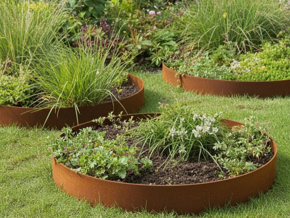 Runde Beeteinfassungen aus Cortenstahl mit Stauden und Gräsern im Gartenrasen