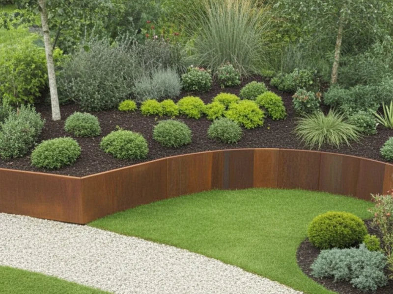 Gebogene Stützmauer aus Cortenstahl mit Stauden im Gartendesign