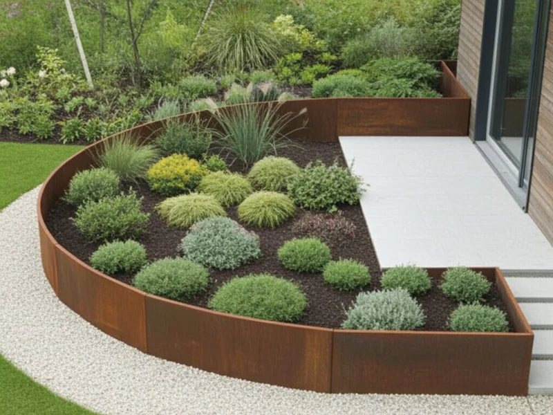 Gebogene Stützmauer aus Cortenstahl am Pflanzbeet bei Terrasse