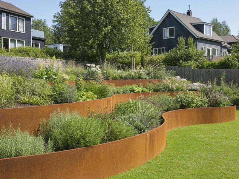 Gebogene Stützmauer aus Cortenstahl im Hangbeet